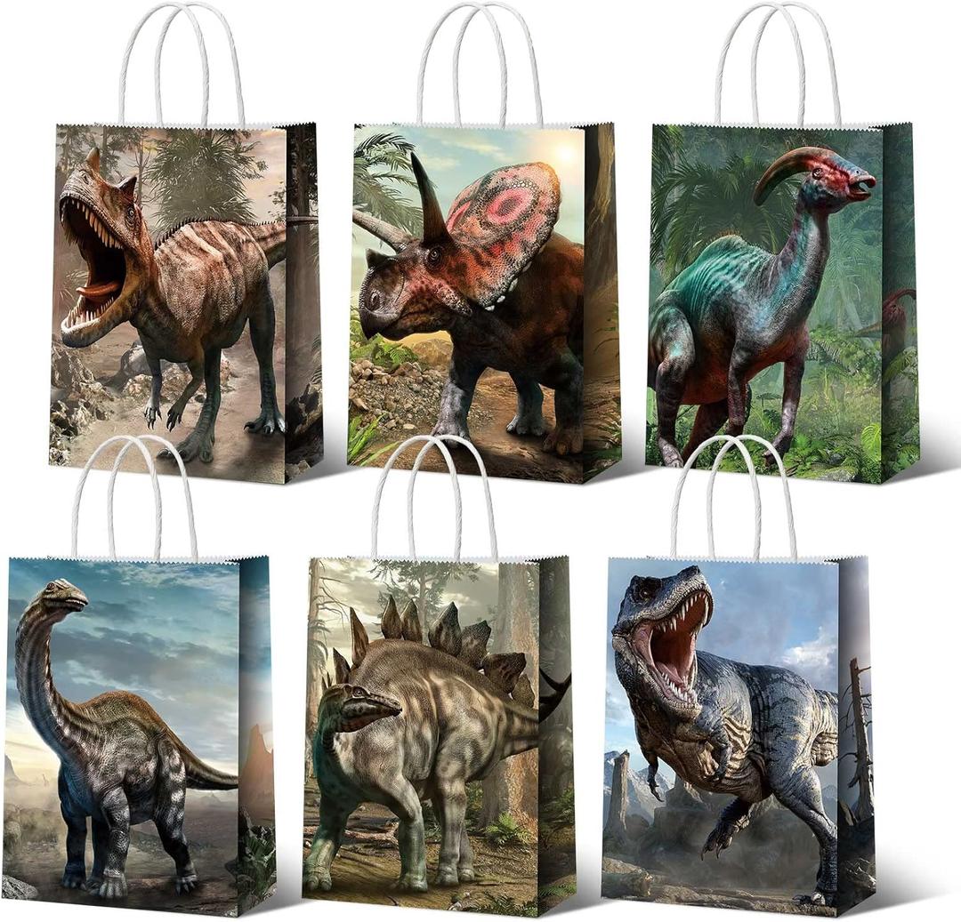 Funrous Dinosaur Gift Party Favor Dino Treat Bags Dinosaur Paper Goodie Bags with Handles Dino Candy Goodie Paper Package for Kids' Birthday Decorations Party Supplies, 8.7 x 6.3 x 3.2 Inch(18 Pcs)
