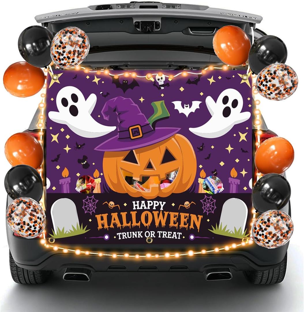 Halloween Trunk or Treat Car Decorations Kit for SUV, Happy Halloween Car Decorations with Lighted Backdrop Cute Ghost Spider Cutouts Balloons for Archway Garage Haloween Party Decor (Purple)
