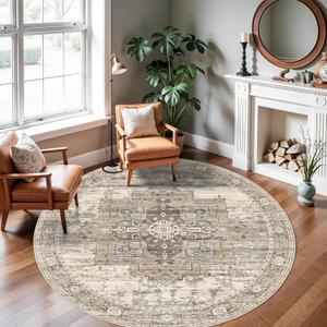 RUUGME Washable 6 ft Round Rug - Boho Rugs for Living Room Stain Resistant Carpet Vintage Tribal Rugs for Bedroom Kitchen Dining Room with Non Slip Backing Home Decor Floor Decoration Mat 6ft Beige (6' (Round))