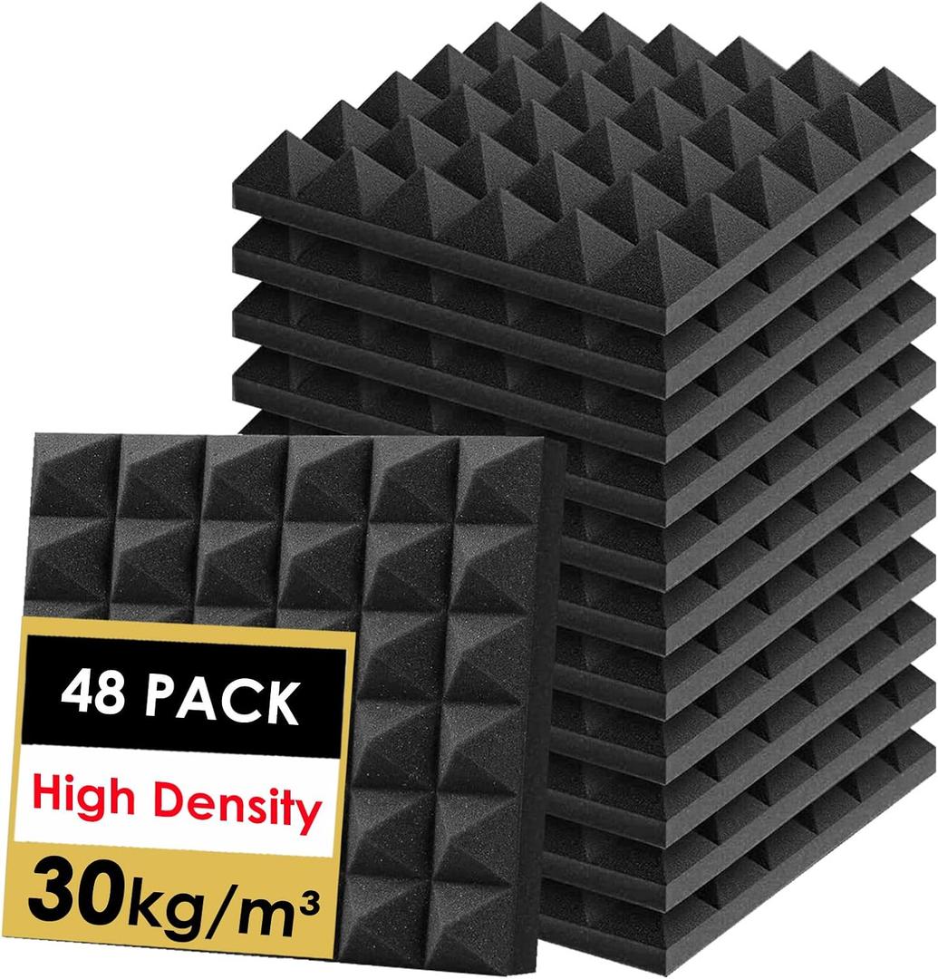 FONESO Acoustic Panels, High Density Soundproof Foam Panels for Walls, Sound Absorbing Panels, Acoustic Foam Panels Fire Resistant for Studio Recording (Black, 2"x12"x12" 48Pack)