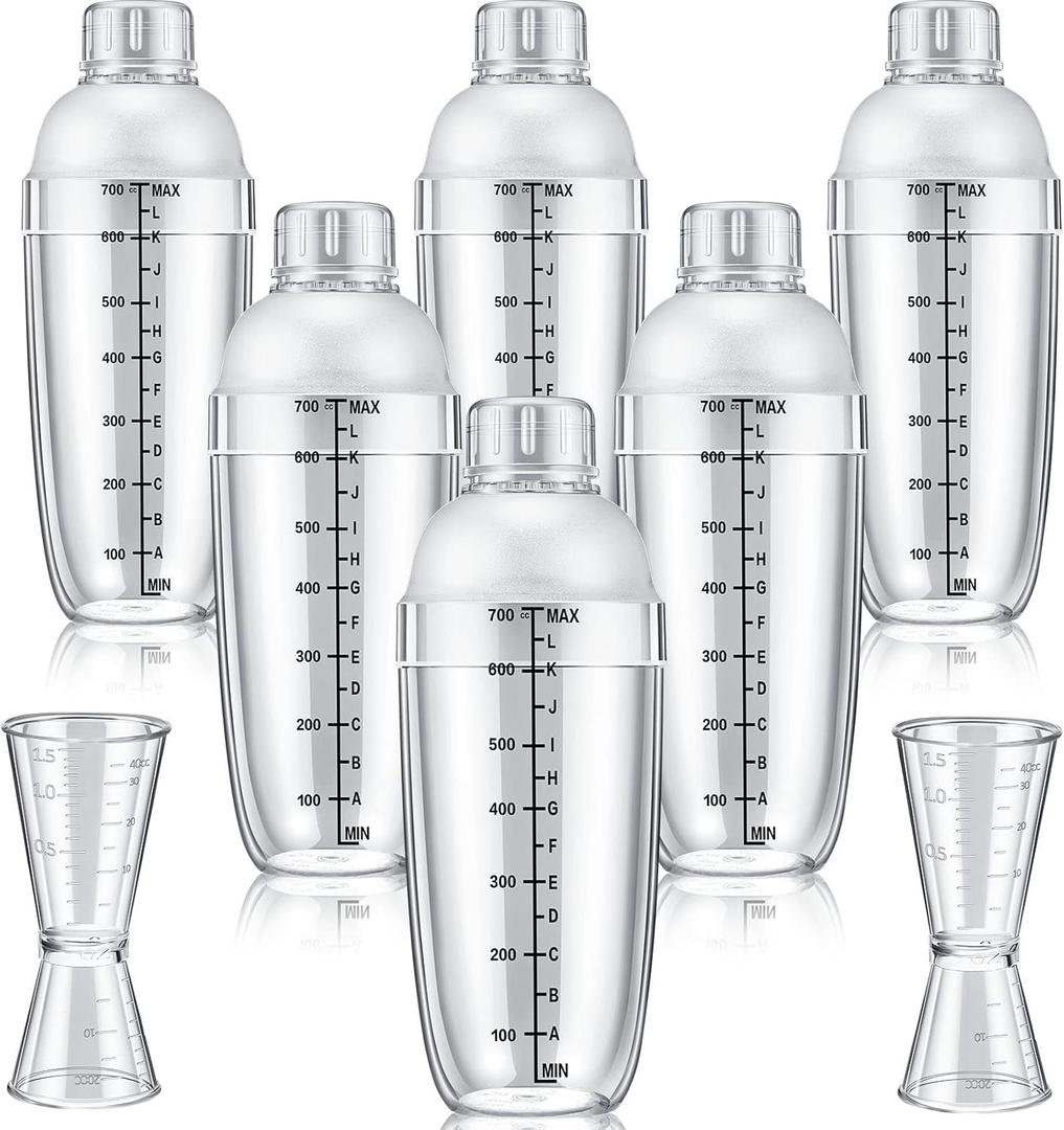 8 Pcs Plastic Cocktail Shaker Set 6 Pcs 24 oz Drink Shaker 2 Pcs Double Measuring Jigger Clear Plastic Bottle Tea Drink Mixer Cocktail Measuring Cup for Kitchen Bar Party Tools