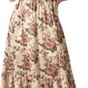 EYWOL Plus Size Wedding Guest Dresses for Women Floral Chiffon Flowy V Neck Maxi Dress with Detachable Tie Smocked Back (Beige, XXXL)