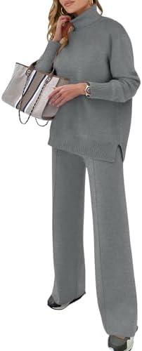 ANRABESS Womens 2 Piece Outfits Turtleneck Matching Lounge Set Sweater Top Wide Leg Pants Fall Cozy Knit Sweatsuit Loungewear, Gray, Size M