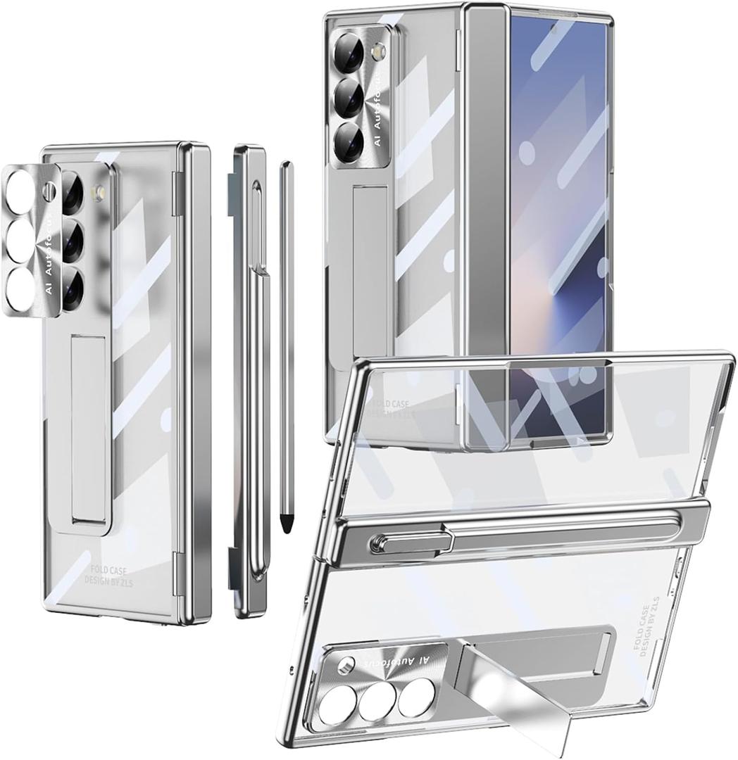 for Samsung Galaxy Z Fold 6 Case with S Pen Holder & Slim Stylus, [Two Hinge Cover] All-inclusive Crystal Clear Case with Kickstand Screen Protector Pen Slot Protective Cover for Z Fold6 Silver