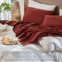 MooMee Bedding Sheet Set 100% Washed Cotton Linen Like Textured Breathable Durable Soft Comfy (Solid Fired Brick Red, Queen)