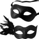 Wildarms Couple Masquerade Masks - Feather Women & Venetian Men Masks for Halloween Party, Mardi Gras Cosplay