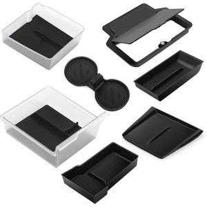 7PCS Center Console Organizer Kit for Tesla New Model Y Juniper, Double Layer Space Upper Lower Center Console Trays, Silicone Cup Holder and Charger Pad, Armrest Hidden Storage Box
