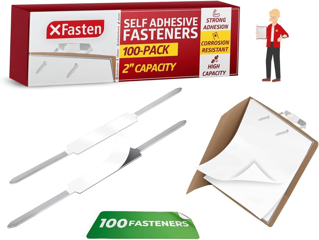 XFasten Self Adhesive Fasteners 2 Inch Capacity (100-Pack) Strong Adhesion Premium File Prong Fasteners 2 Inch for Folders, Paper, Reports, Charts Folder Accessories, File Prong Fastener Base