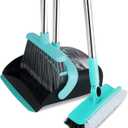 Broom with Dustpan Combo Set, Floor Scrub Brush,Self-Cleaning with Dustpan Teeth,for Indoor Outdoor,Smooth Floors,Bathroom Kitchen (Black)