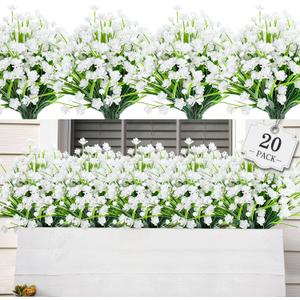 AmyHomie 20 Bundles Artificial Flowers for Outdoor Outside Spring Summer Decoration UV Resistant Faux Flowers No Fade Fake Plastic Plants Garden Porch Window Box Decorating (Pure White)