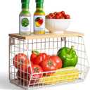 White Fruit Bowl Wire Basket Storage Pantry Fruit and Vegetable Storage Fruit Basket for Kitchen Counter Stackable Wall Mounted Hanging Basket Wire Basket with Wood Lid with Hanger Hooks (1x Medium)