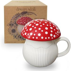 Mushroom Mug with Lid Stoneware Coffee Cup with Decorative Gift Box (Red), Cottagecore Aesthetic Decor
