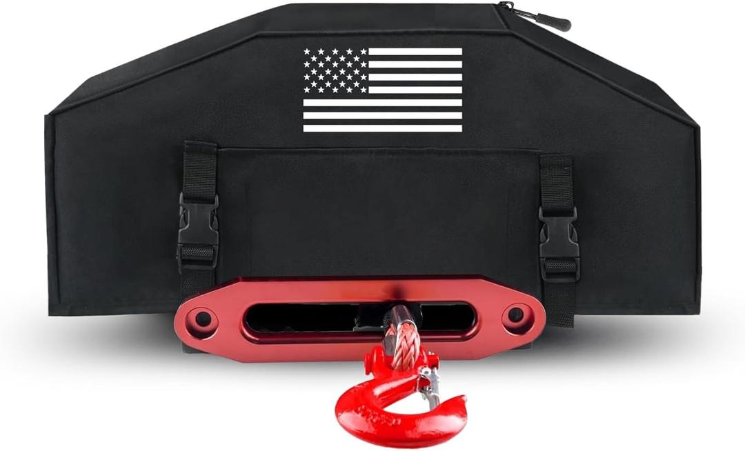 900D Winch Cover with Flag Pattern, Heavy Duty Waterproof Winch Cover fit for Electric Winches 8000-12000lbs, Indoor/Outdoor Winch Accessories