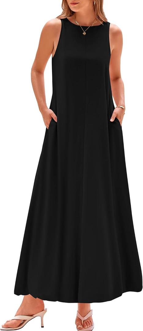 BTFBM 2025 Women Summer Vacation Dresses Sleeveless Crewneck Loose Beach Sundress Bubble Hem Tank Maxi Dress Pockets (XX-Large, Black)