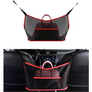 Ziciner Car Net Pocket Handbag Holder, Organizer Mesh Bag Between Two Seat, Driver Storage Netting Pouch for Handbag Purse, Barrier of Backseat Pet Kids, Car Accessories for Women Men (Black&Red)