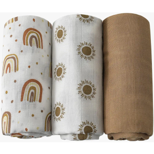 CHUNGEL 3 Pack Muslin Swaddle Blankets, Boho Rainbow Baby Muslin Blankets for Girls & Boys Unisex, Large 47 x 47 inches, Silky Soft, Lightweight, Breathable (Rainbow) (3 Pack Rainbow C)