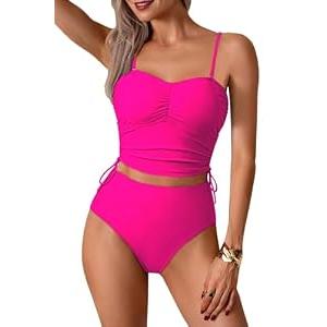 Pink Queen Sexy Tankini Swimsuit for Women High Waisted Bathing Suit Summer Ruched Crop Top Beachwear Removable Adjustable Straps Padded Bra Bikini Top Swimsuit Set Rose Red L