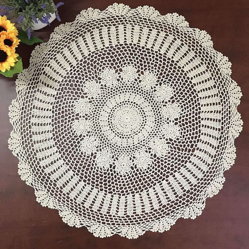 Hetao 100% Cotton Handmade Crochet Round Tablecloth Doilies Lace Table Covers,Beige, 35 Inch