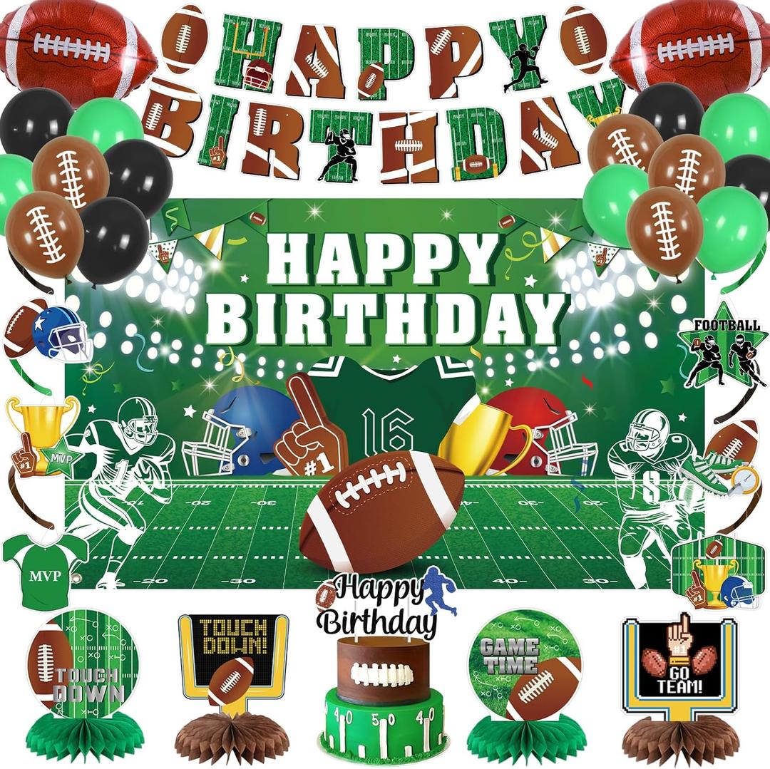 Roetyce Football Birthday Party Decorations, American Football Themed Happy Birthday Banner Balloons Hanging Swirls Centerpieces Cake Topper Kit, Green Rugby Party Backdrop for Kids