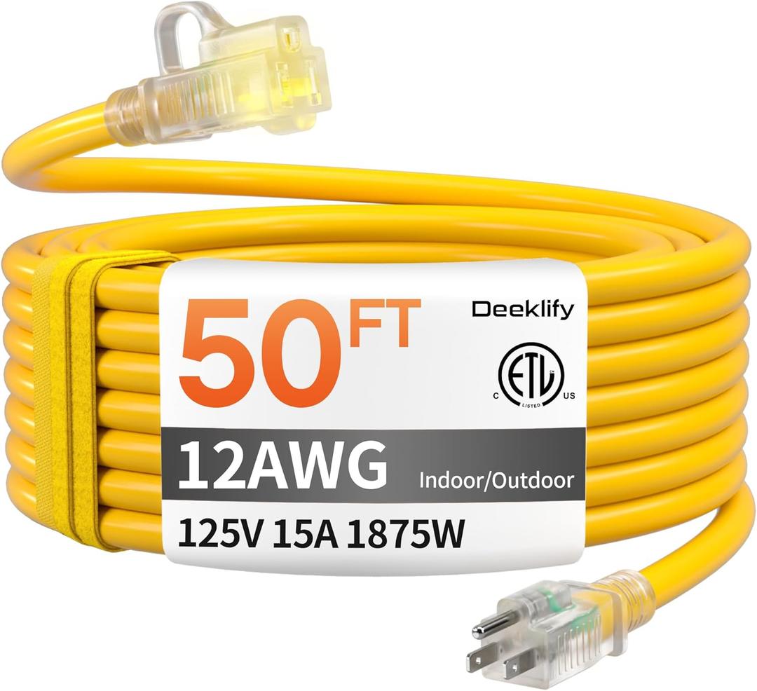 12 Gauge 50 FT Heavy Duty Outdoor Extension Cord Waterproof with Lighted End,Yellow 12 Gauge Extension Cord Flexible and Cold Resistant 3 Prong Grounded Plug,15Amp 1875W SJTW ETL Listed