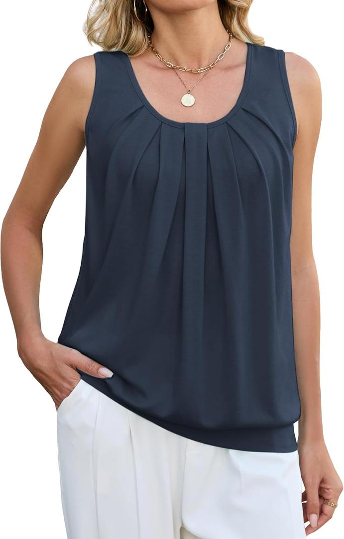 Famulily Womens Summer Flowy Pleated Tank Tops Scoop Neck Sleeveless Banded Bottom Casual Loose Fit Shirts (XX-Large, Navy)