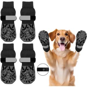 Double Side Non Slip Dog Socks to Prevent Licking Paws, Dog Shoes for Winter Cold Hot Pavement Dog Booties, Night Reflection Paw Protectors for Hardwood Floors Traction Control Indoor (S-less than 25 pounds,Paws width 1.97 inch, 4 pack of Black Socks with Striped anti-slip strip)