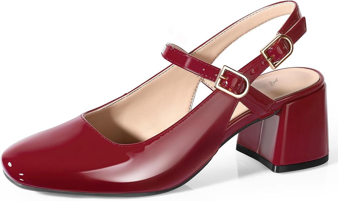 Ankis Mary Jane Chunky Low Heels Dress Shoes for Women Slingback Square Closed Toe Heels Wedding Party Pumps (11, Burgundy Patent)