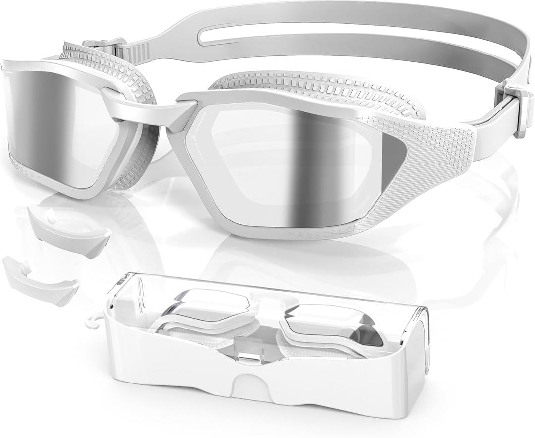 Greatever Sleek Swim Goggles Unisex-Adult, UV400 Protection Swimming Goggles, HD Wide View Goggles, Anti Fog No Leakage (G0-white/ Light Brown+electroplated Silver Lens)
