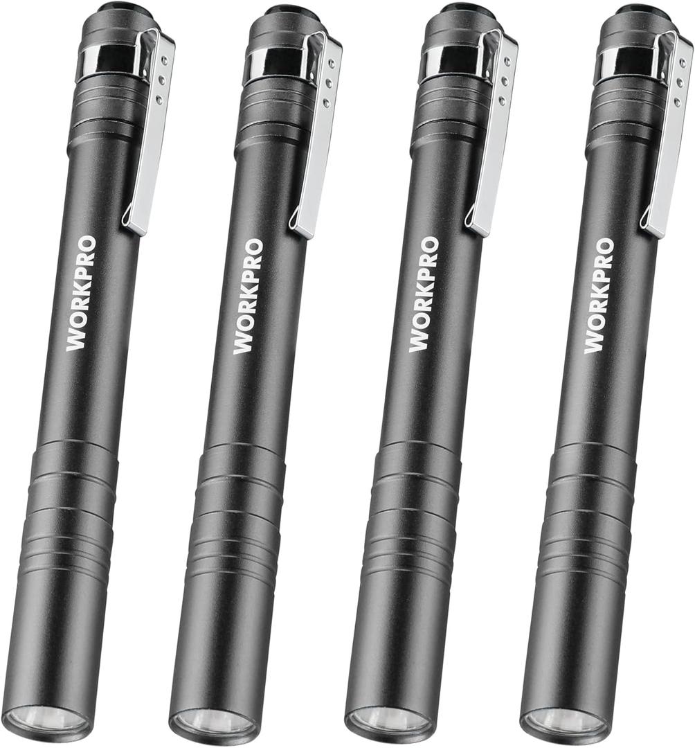 WORKPRO LED Pen Light, Aluminum Pen Flashlights, Pocket Flashlight with Clip for Inspection, Emergency, Everyday, 2AAA Batteries Include, Gray(4-Pack)