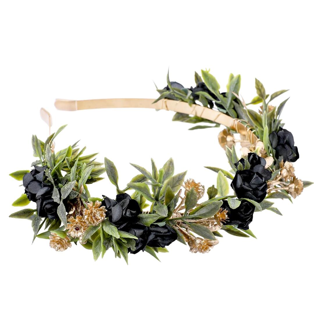 Black Flower Crown Headband, Fairy Dark Floral Headpiece with Gold Leaf, Woodland Elf Gothic Flower Headband for Women Girls Renaissance Renfaire Fantasy Cosplay Party Hair Accessories