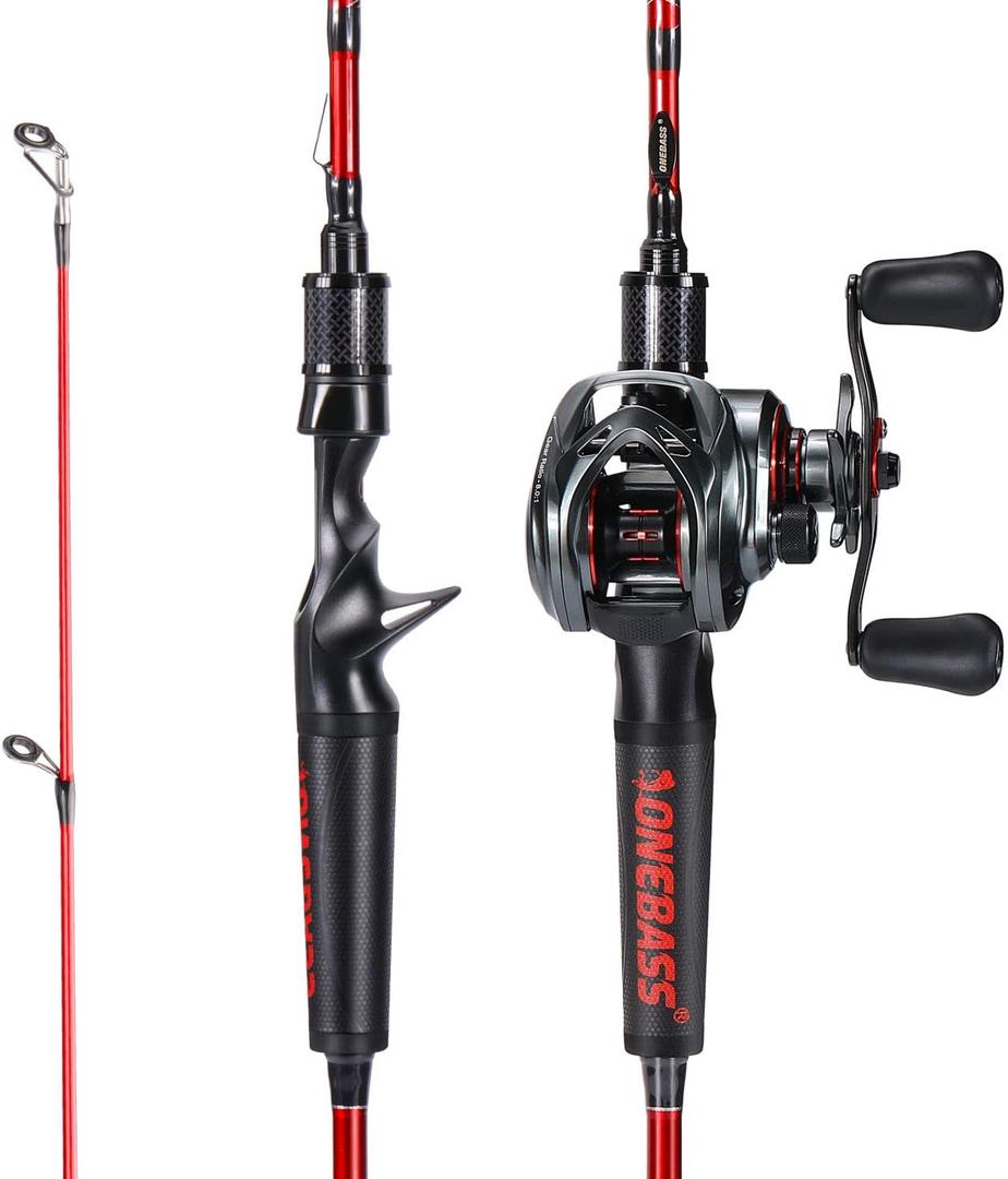 One Bass Fishing Rod and Reel Combo, IM7 Graphite 2 Pc Blank Baitcasting Combo, Spinning Rod with Super Polymer Handle (6'0"-M-Fast, Red- Casting- Right Handed)