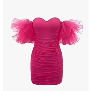 GUYOS Women's Summer Short Sleeve Dresses Off Shoulder Ruffle Trim Ruched Mesh Dress M