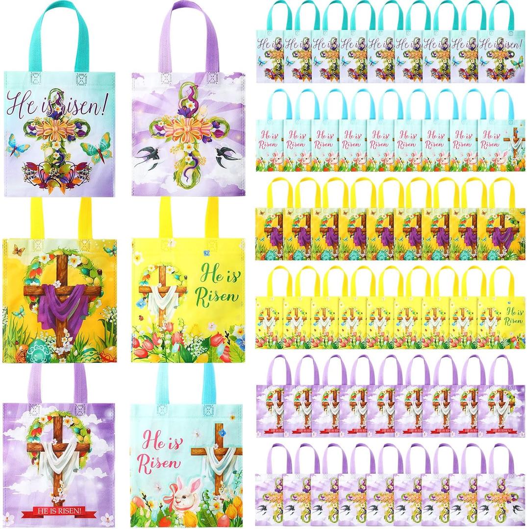 Wesnoy 60 Pcs Easter Gift Bags Bulk He Is Risen Religious Easter Bags with Handles Reusable Non Woven Treat Baskets for Church Goodie Party Supplies