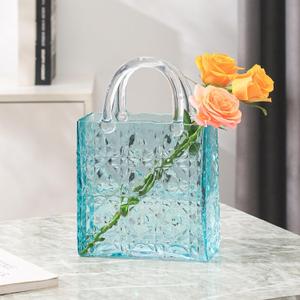 Purse Vase, Glass Bag Vase, Glass Purse Vase for Flowers, Blue Vases, 12 Inch Large Flower Vase with Embossed Pattern for Wedding, Living Room, Bedroom, Table, Office(Tote)