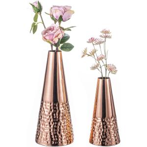 MyGift 7 and 10.5 Inch Copper Tone Metal Tapered Flower Vases with Hammered Pattern, Decorative Vase for Floral Arrangements, 2 Piece Set - Handcrafted in India