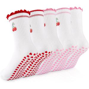 Cute Pilates Socks with Grips for Women Non-slip Grippy Yoga Sock Crew Size 7-9 for Barre Ballet Barefoot Workout (White)