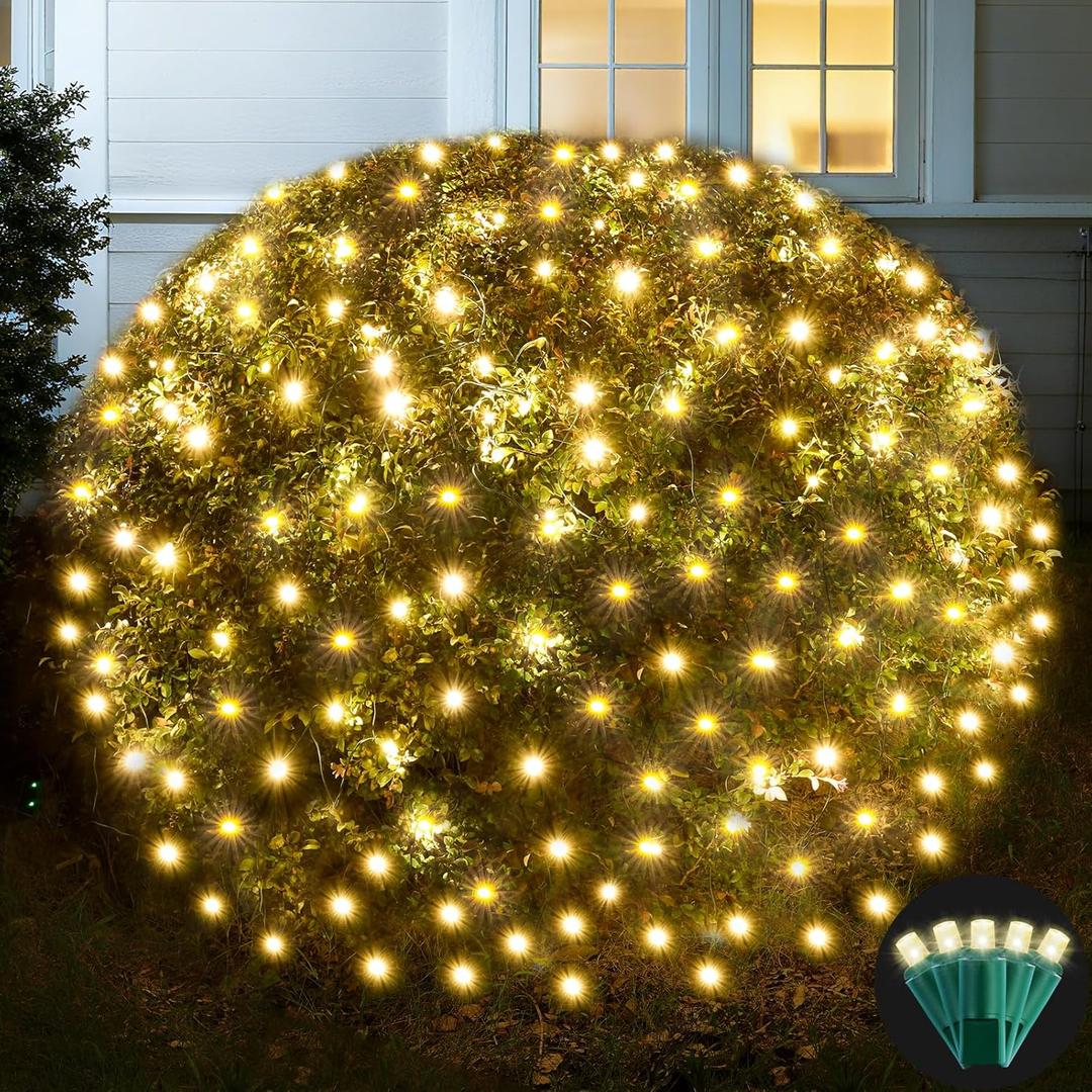 Led Net Lights Christmas Lights Outdoor 200Led 9 ft x 6ft Upgraded WarmWhite Christmas Net Lighting, Waterproof 5mm LED Wide Angle Outdoor Indoor Mesh Net Light for Trees, Bushes, Shrubs Decorations