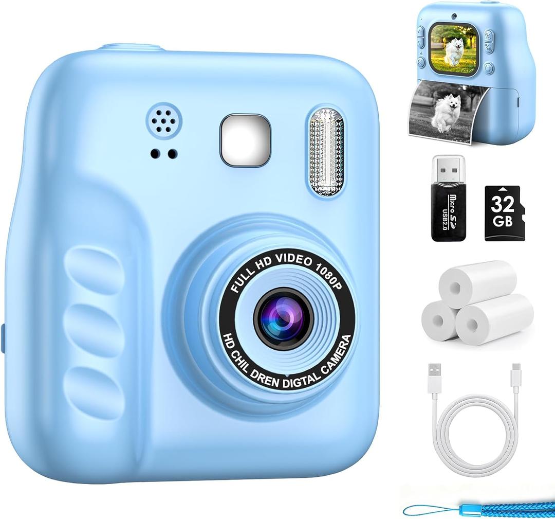 Kids Instant Print Camera, 1080P HD Kids Camera Instant Print, Includes 32GB SD Card, Adapter & 4 Paper Rolls,Christmas or Birthday Gift for Girls Boys Age 3-12Blue