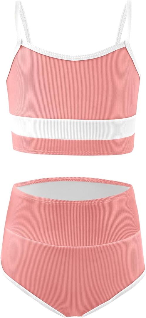 Haloumoning Girls Swimsuits Bikini Set Adjustable Straps Two Piece Color Block Girls' Swimwear with Chest Pad 5-14 Years (9-10 Years, Light Pink)