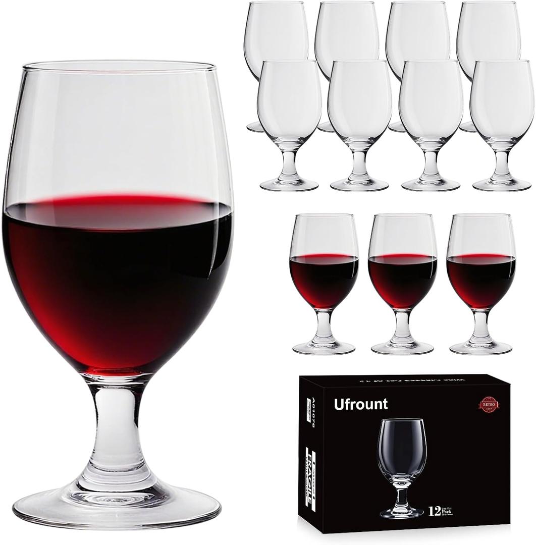 13 OZ Red&White Glasses,Clear Water Goblets Set of 12,Multi-purpose Water Goblet Glasses Dessert Port Short Stemmed Drinking Glass for Party,Wedding,Home Bar