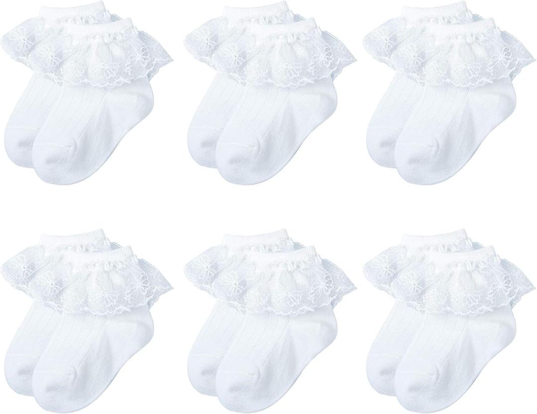6 Pairs Baby Girls Socks - Newborn Ruffle Lace Princess Frilly Knit Cotton Socks White 0901 0-6 Month