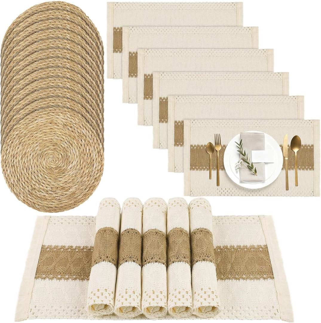 Kochorie 12 Set Handmade Boho Placemats Natural Cotton Burlap Table Mats, 12 Rectangle with Tassel & 12 Round Bulrush Placemats Farmhouse Weave Place Mats for Rustic Dining Table Kitchen Decor
