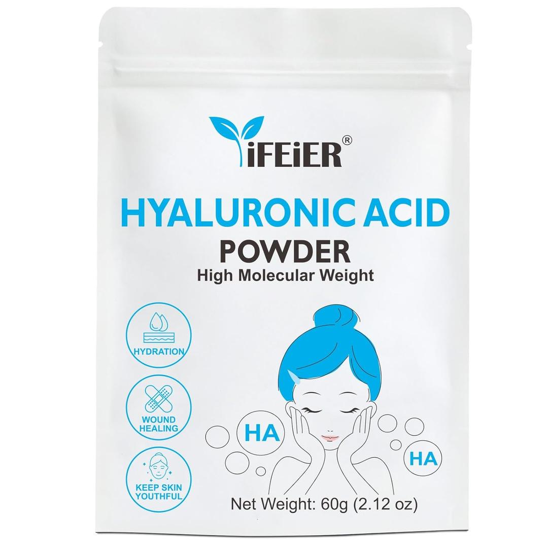 Hyaluronic Acid Powder | High Molecular Weight Hyaluronic Acid Serum Powder | 60g(2.12oz) Cosmetics Grade | Sodium Hyaluronate HA | LMW HMW Hyaluronic Acid ingredient for DIY Serums