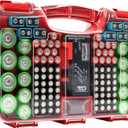Battery Organizer Storage Case with Tester, Holds 180 Batteries, Clear Hinged Cover, Locking Lid - For AA, AAA, C, D and More, Red