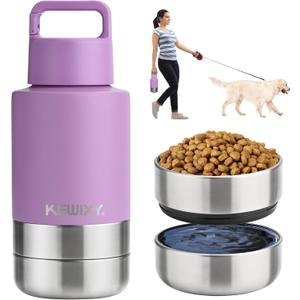 KEWIXY Insulated Dog Travel Water Bottle with Detachable Bowls, 3 in 1 Portable Dog Water Bottle Dispenser, Dog Accessories for Walking, Hiking, Camping, Outdoor (Lavender, 32 Oz)