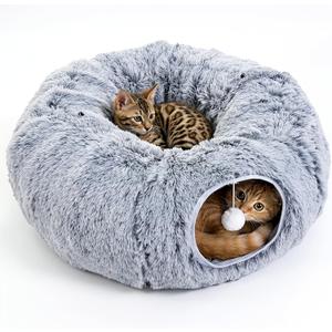 Cat Tunnel Bed for Indoor Cats, Plush Hideaway with Reinforced Frame, Gray XL