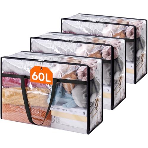 Lifewit 3 Pack Clear Clothes Storage Bags, 60L Plastic Blanket Storage Bag, Vinyl Foldable Moving Bags with Zipper, Closet Organizers and Storage Containers for Bedding, Duvet, Comforter