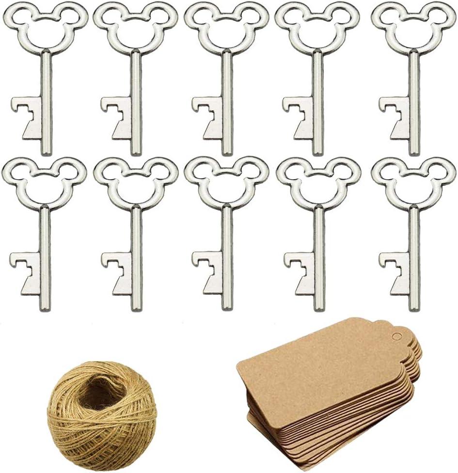 XONOR 50Pcs Vintage Skeleton Key Bottle Openers with 50pcs Escort Card Tag and Twine for Wedding Party Favors Rustic Decoration (Silver)