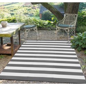 FH Home Outdoor Rug - Waterproof, Fade Resistant, Reversible - Premium Recycled Plastic - Striped - Large Patio, Deck, Sunroom, RV, Camping - Brittany Stripe - Gray & White - 9 x 12 ft Foldable