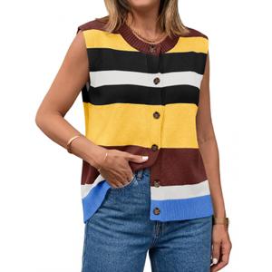 Tankaneo Womens Color Block Striped Sweater Vest Tops Summer Casual Button Up Knit Sleeveless Cardigan Tank Tops Yellow (M)
